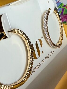 Gold Plated Hoop Earrings with Black Onyx & CZ Accents -